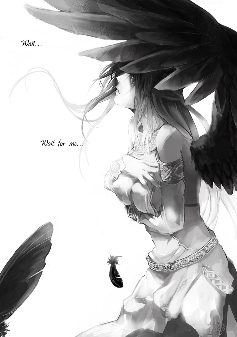 1girl 2012 armlet bare_shoulders breast_hold breasts covered_nipples dated detached_sleeves dress feathered_wings feathers floating_hair long_hair long_sleeves mabinogi medium_breasts monochrome morrighan open_mouth simple_background solo toyger white_background wings wristlet
