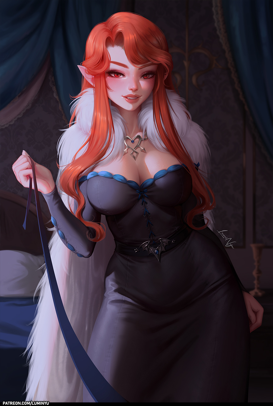 1girl bed breasts brown_hair castlevania castlevania_(netflix) cleavage cloak dress fangs fur_cloak highres holding holding_leash leash lenore_(castlevania) looking_at_viewer luminyu pov red_eyes smile solo standing vampire