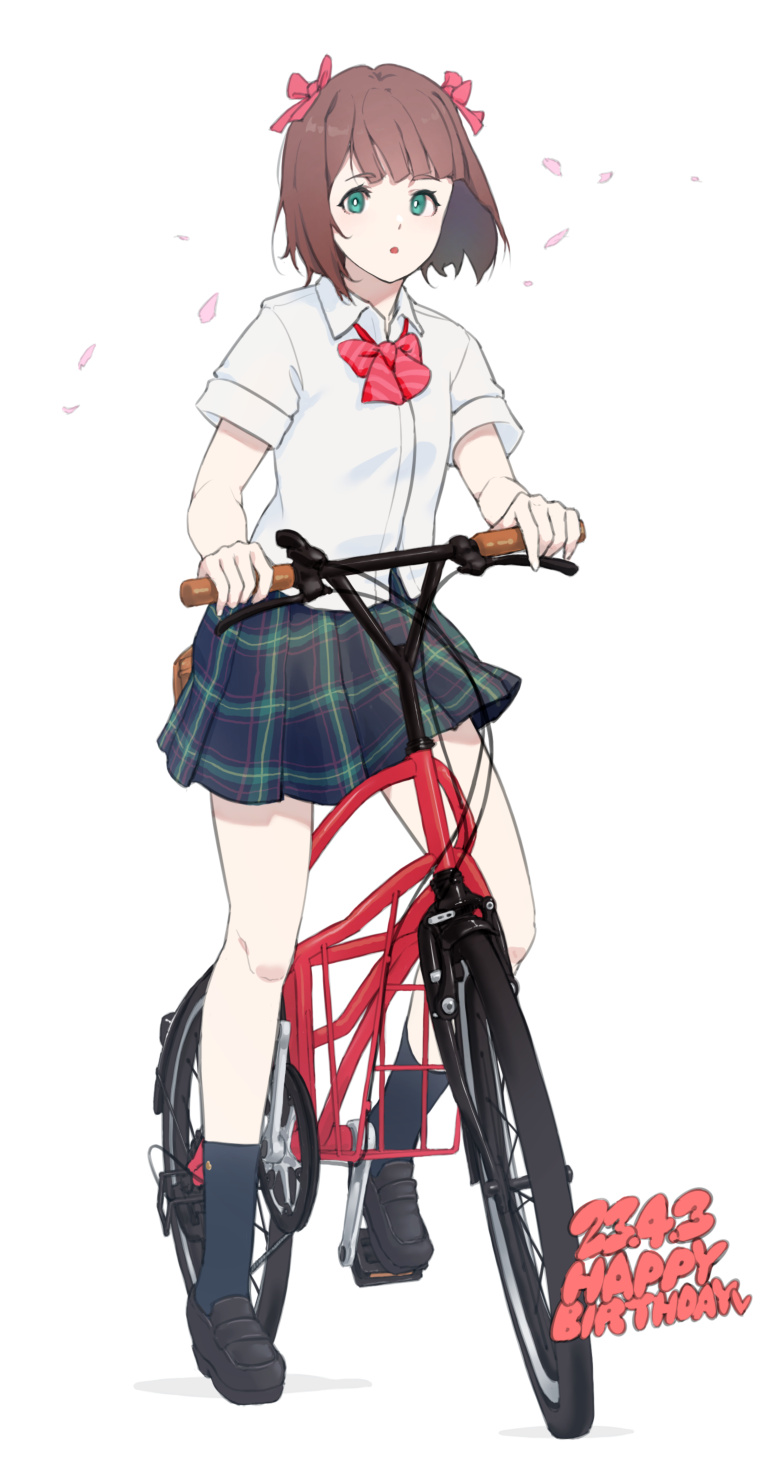 1girl :o bicycle black_footwear black_skirt black_socks blunt_bangs bow bowtie brown_hair character_request collared_shirt copyright_request dated full_body green_eyes ground_vehicle happy_birthday highres konekone looking_at_viewer parted_lips plaid plaid_skirt red_bow red_bowtie riding riding_bicycle school_uniform shirt short_hair short_sleeves simple_background skirt socks solo striped striped_bow striped_bowtie summer_uniform white_background white_shirt