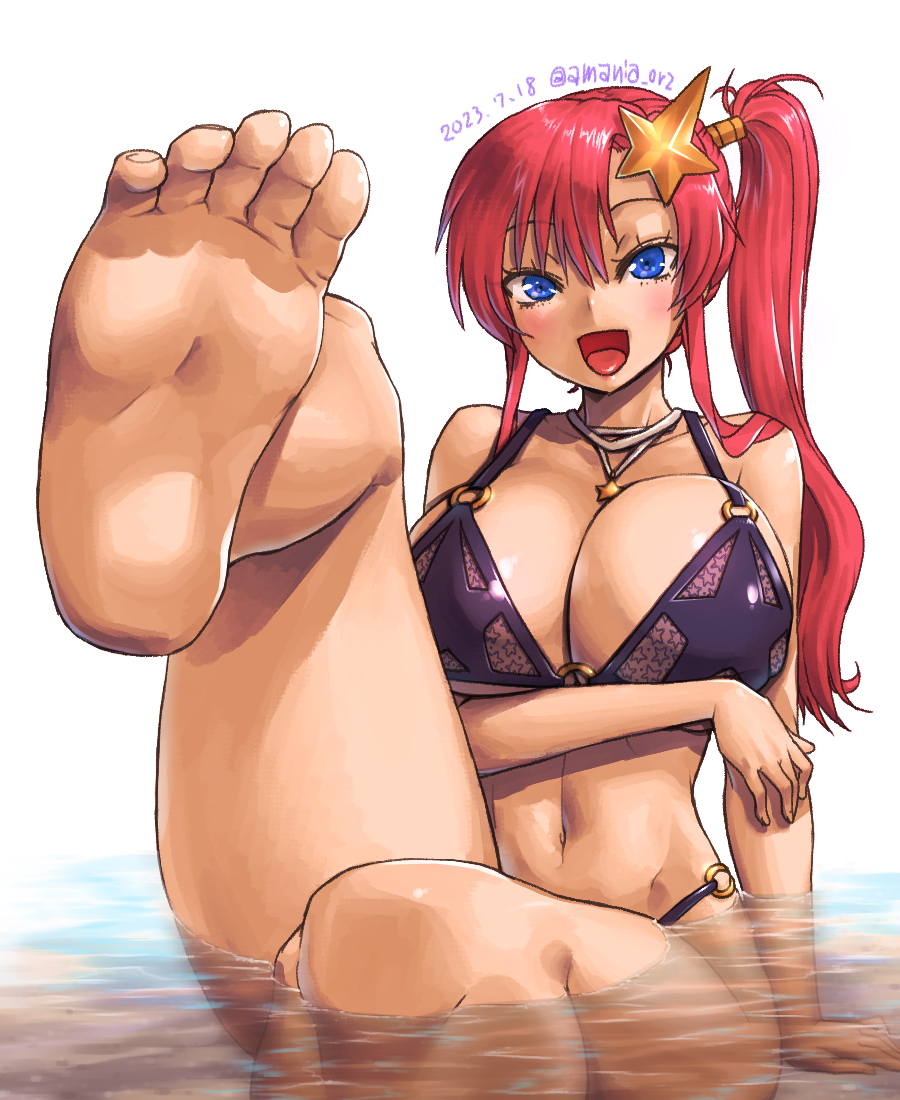 1girl :d amania_orz barefoot bikini blue_eyes blush breasts cleavage collarbone dated feet foot_focus gundam gundam_seed gundam_seed_destiny hair_between_eyes hair_ornament head_tilt jewelry large_breasts looking_at_viewer meer_campbell necklace o-ring o-ring_bikini open_mouth partially_submerged pink_hair purple_bikini side_ponytail sidelocks sitting smile soles solo star_(symbol) star_hair_ornament star_necklace swimsuit twitter_username water