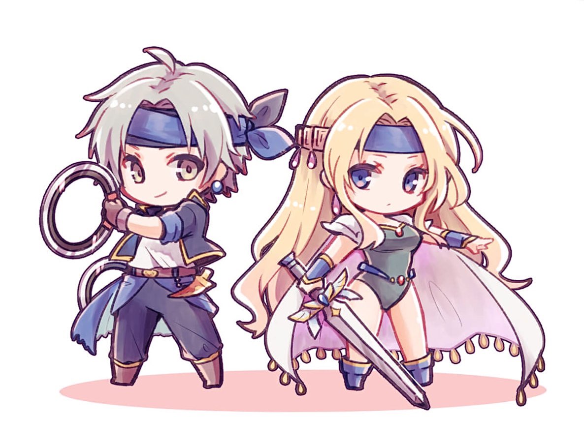 1boy 1girl ahoge armor belt blonde_hair blue_eyes blue_footwear blue_headband blue_jacket blue_pants boots breasts brown_belt brown_footwear brown_gloves cape celes_chere chibi closed_mouth commentary_request earrings final_fantasy final_fantasy_vi full_body gloves green_leotard grey_eyes grey_hair hair_ornament headband holding holding_sword holding_weapon jacket jewelry leotard lock_cole looking_at_viewer medium_breasts pan_ff6 pants parted_bangs shirt short_hair shoulder_armor simple_background standing sword waist_cape weapon white_cape white_shirt