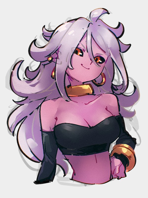 1girl android_21 breasts cleavage colored_skin dragon_ball dragon_ball_fighterz grey_hair kemachiku long_hair majin_android_21 medium_breasts pink_skin solo upper_body