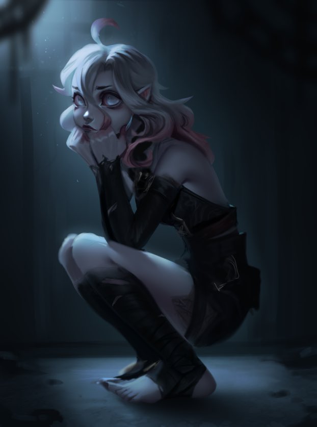 1girl ahoge bare_shoulders briar_(league_of_legends) colored_skin from_side frown grey_hair grey_skin hair_between_eyes hands_up kneehighs league_of_legends long_hair long_sleeves looking_at_viewer pointy_ears socks solo squatting toeless_footwear vatheja