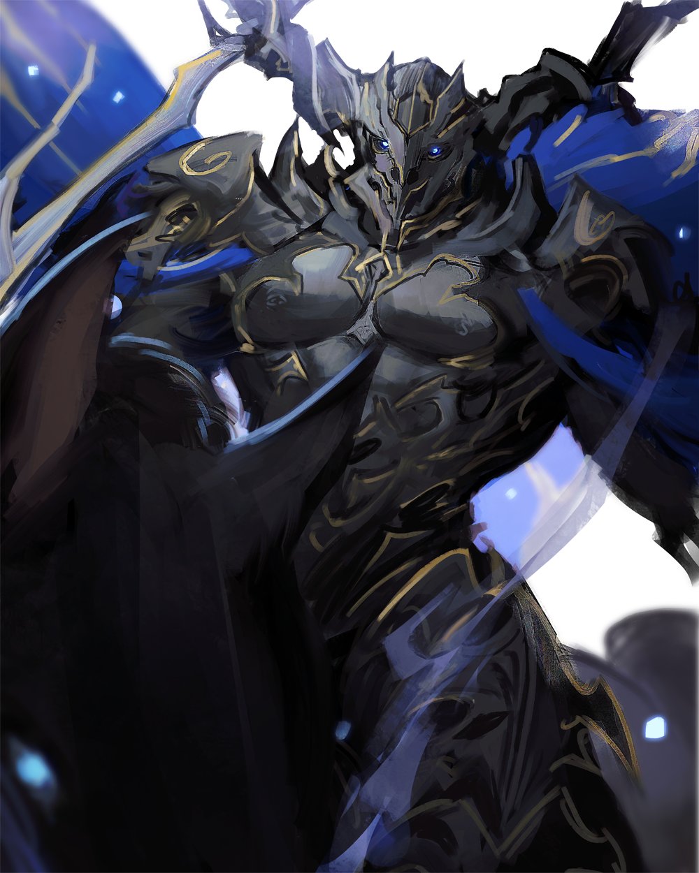 1boy armor blue_eyes fake_horns final_fantasy final_fantasy_xvi helmet highres horned_helmet horns horse horseback_riding kyou_(ningiou) odin_(final_fantasy) riding shoulder_armor