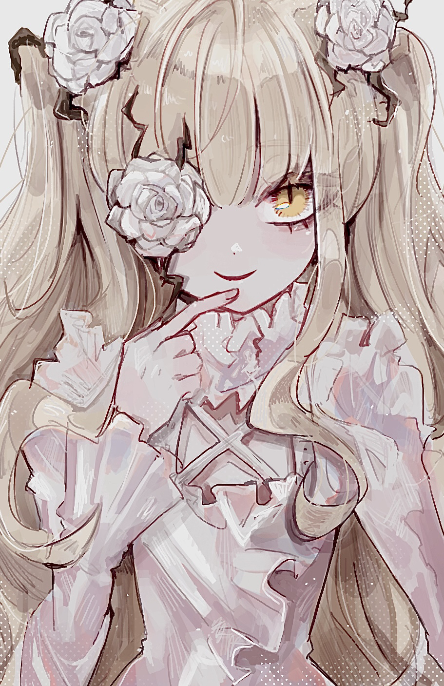 1girl blonde_hair commentary_request flat_chest flower flower_over_eye frilled_shirt frills hair_flower hair_ornament highres kirakishou lolita_fashion long_hair looking_at_viewer medium_bangs naruse_(nal1525) open_mouth plant rose rozen_maiden shirt sidelocks simple_background slit_pupils smile solo two_side_up upper_body very_long_hair vines wavy_hair white_background white_flower white_rose white_shirt yellow_eyes