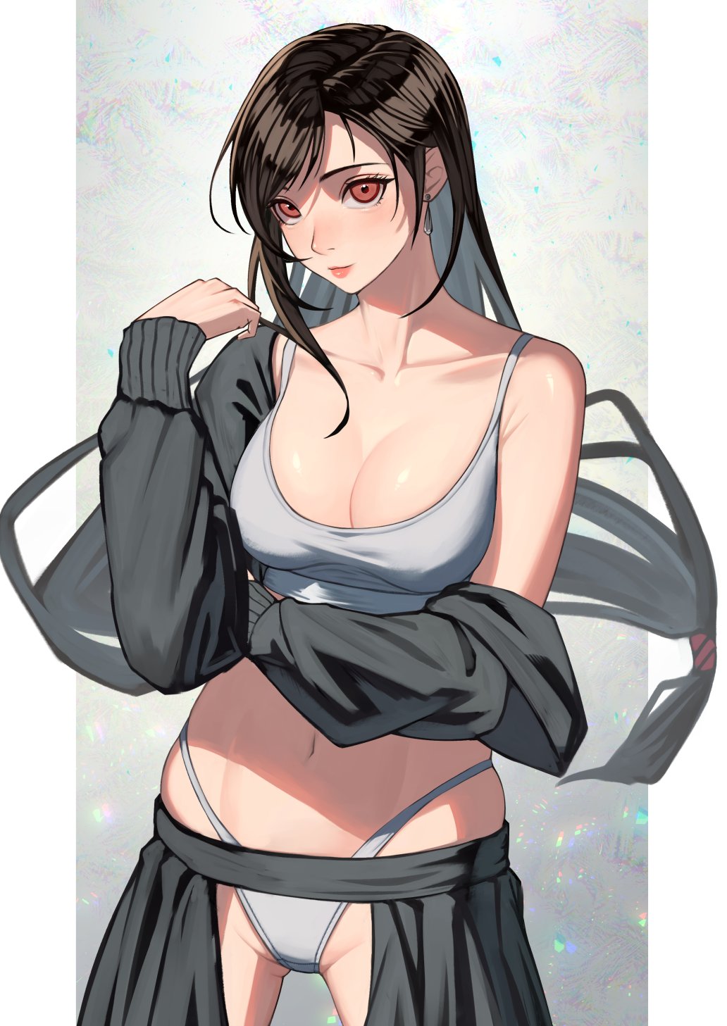 1girl black_hair breasts clothes_pull earrings final_fantasy final_fantasy_vii final_fantasy_vii_remake highres jacket jewelry large_breasts long_hair navel open_clothes open_skirt panties red_eyes skirt skirt_pull tank_top temoc thighs thong tifa_lockhart underwear white_panties