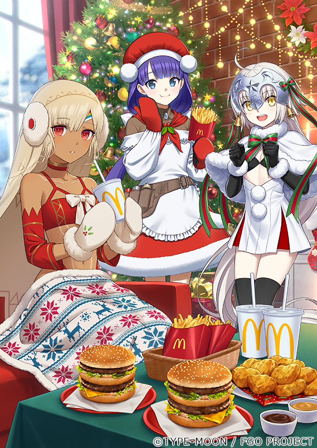 3girls ahoge altera_(fate) altera_the_santa_(fate) apron bell big_mac bikini bikini_top_only black_gloves black_thighhighs blue_eyes bow bra brooch brown_shirt burger capelet cheese chicken_nuggets choker christmas christmas_lights christmas_ornaments christmas_tree cup dark-skinned_female dark_skin disposable_cup drinking_straw earmuffs elbow_gloves fast_food fate/grand_order fate_(series) food french_fries fur-trimmed_capelet fur-trimmed_skirt fur_trim gift gloves green_bow hat headpiece holding holding_food holly jeanne_d'arc_alter_santa_lily_(fate) jewelry jingle_bell ketchup lettuce long_hair martha_(fate) martha_(santa)_(fate) mcdonald's mittens morikura_en multiple_girls official_art purple_hair red_bra red_choker red_eyes red_gloves red_headwear red_skirt ribbon santa_costume santa_hat sesame_seeds shirt skirt striped striped_bow striped_ribbon swimsuit thighhighs underwear veil white_apron white_capelet white_mittens yellow_eyes