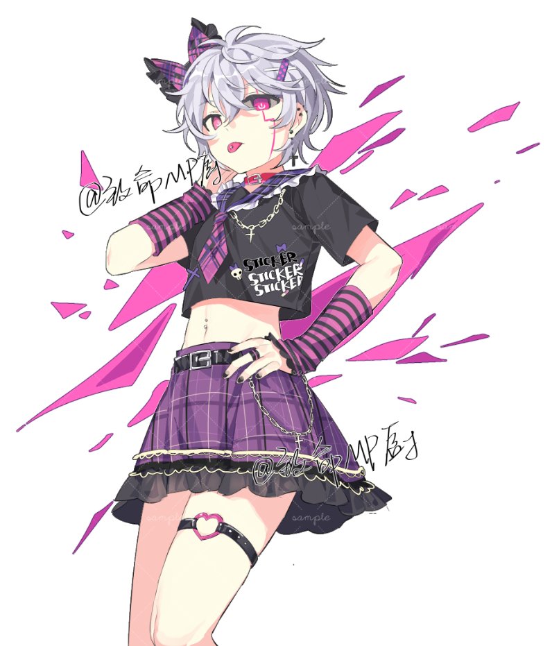 1boy add_(elsword) arm_warmers black_shirt chain choker crossdressing elsword frilled_skirt frills heart_o-ring looking_at_viewer navel_piercing necktie nishiirei9522 o-ring o-ring_thigh_strap piercing pink_arm_warmers pink_choker pink_eyes plaid plaid_skirt power_symbol-shaped_pupils purple_necktie purple_skirt shirt simple_background skirt solo thigh_strap tongue tongue_out tongue_piercing white_background