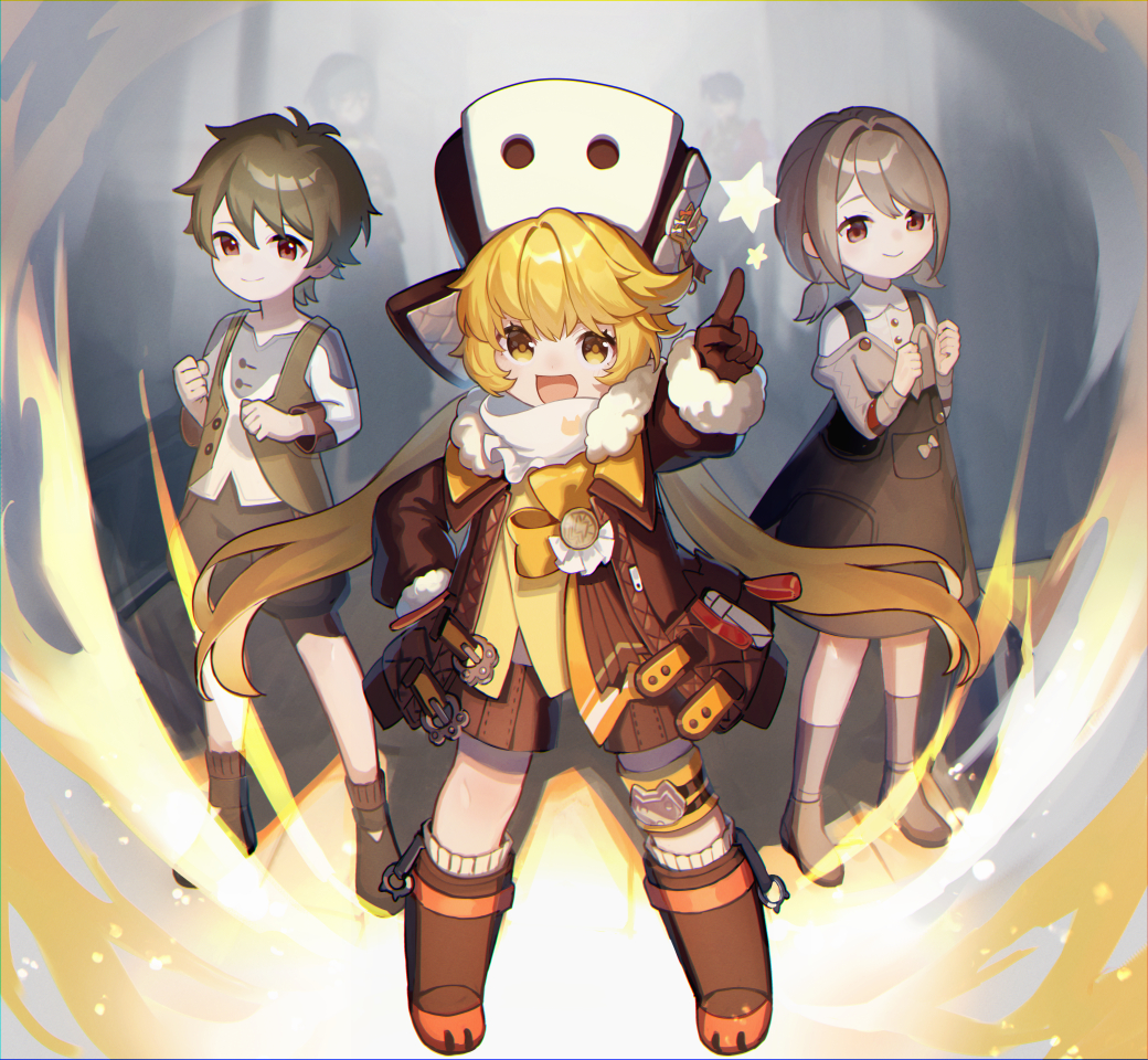 2boys 3girls arm_up blonde_hair boots bow brown_hair coat d: full_body fur-trimmed_coat fur-trimmed_sleeves fur_trim gloves hand_on_own_hip honkai:_star_rail honkai_(series) hook_(honkai:_star_rail) kino_(m6t2a) knee_pads long_sleeves looking_at_viewer multicolored_clothes multiple_boys multiple_girls natasha_(honkai:_star_rail) open_clothes open_coat open_mouth orange_bow pointing pointing_up sampo_koski shorts sideways_hat smile star_(symbol) twintails yellow_eyes