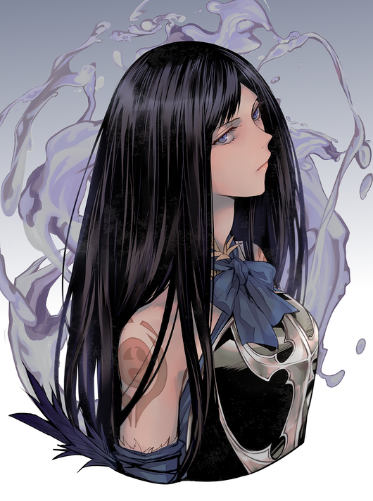 1girl arm_tattoo armor armored_dress back_tattoo backless_outfit bare_shoulders bat_(animal) black_hair blue_eyes breastplate castlevania castlevania:_order_of_ecclesia closed_mouth dress gloves grel_(r6hgvu5) long_hair looking_at_viewer shanoa solo tattoo white_background
