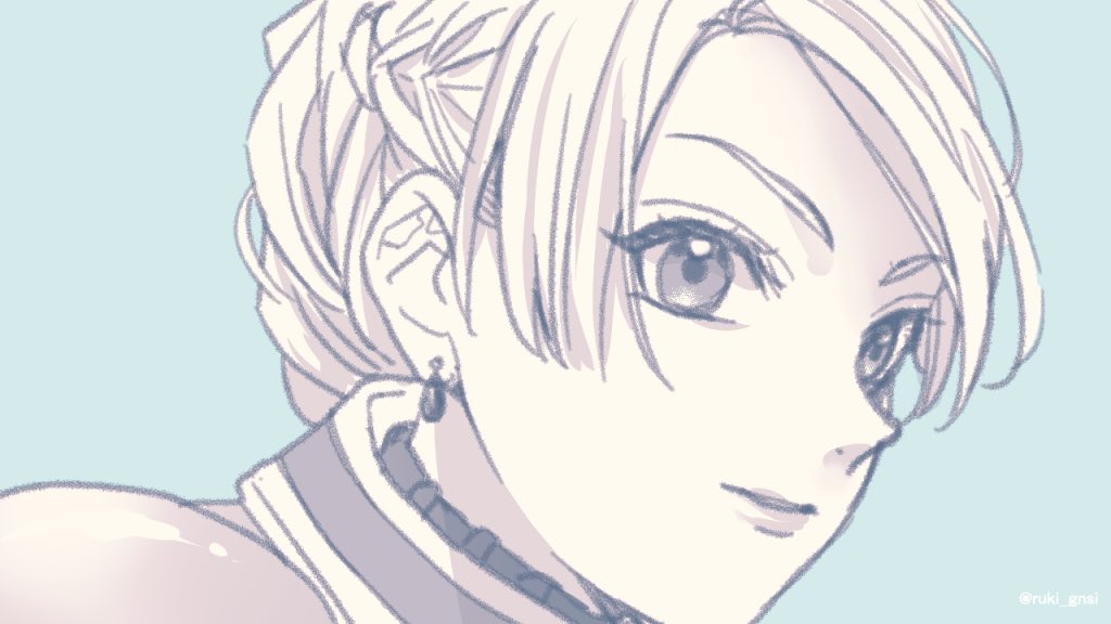 1girl armor braid chris_lightfellow closed_mouth earrings french_braid gensou_suikoden gensou_suikoden_iii jewelry looking_at_viewer monochrome ruki_gnsi short_hair simple_background single_earring smile solo white_hair