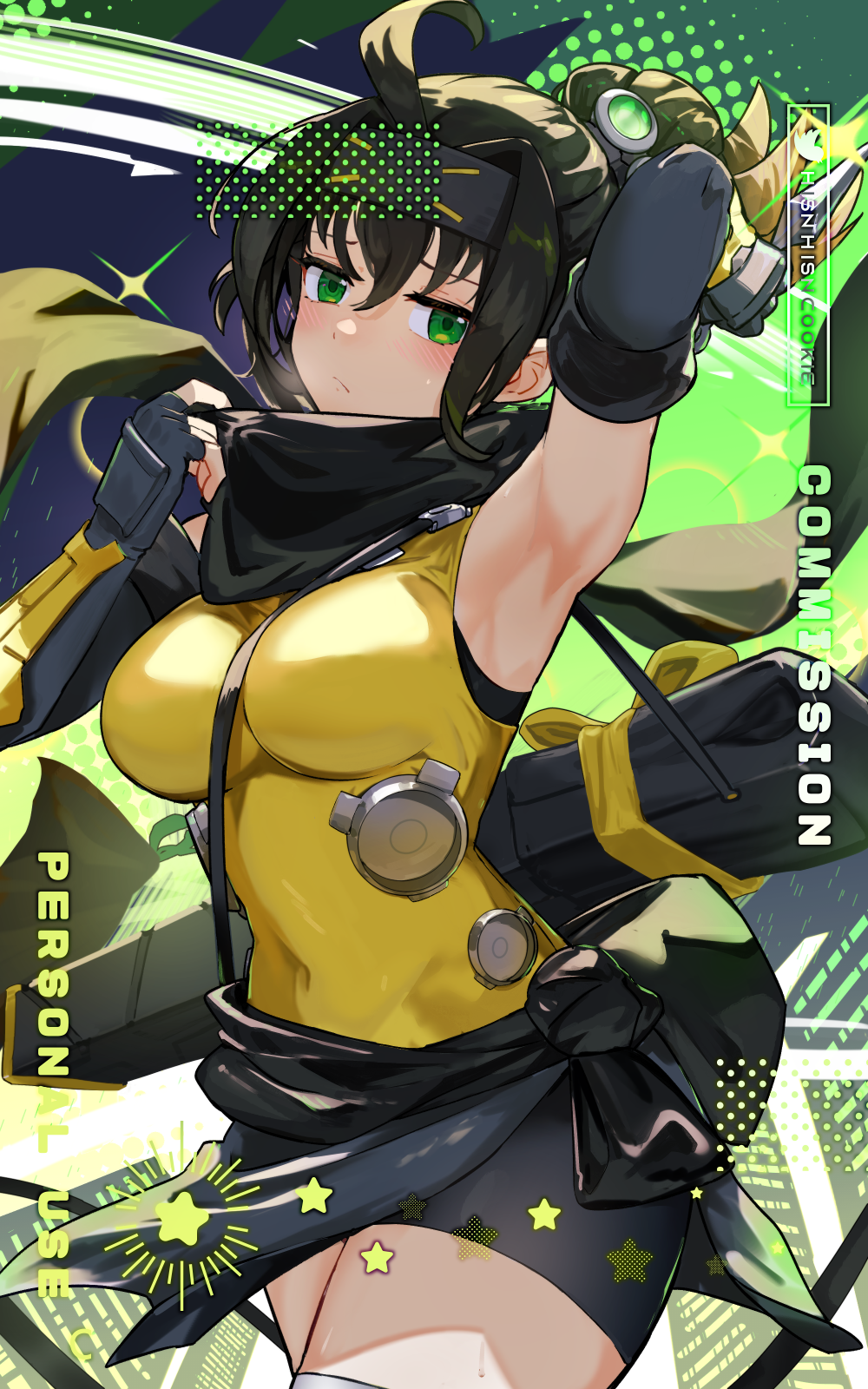 1girl ahoge arm_up bare_shoulders bike_shorts black_hair blonde_hair breasts clothes_around_waist colored_tips commission duel_monster elbow_gloves fingerless_gloves forehead_protector gloves gradient_hair green_eyes highres hsin jacket jacket_around_waist large_breasts multicolored_hair pixiv_commission ponytail s-force_rappa_chiyomaru s:p_little_knight scarf short_shorts shorts sleeveless solo thighhighs vambraces yu-gi-oh!