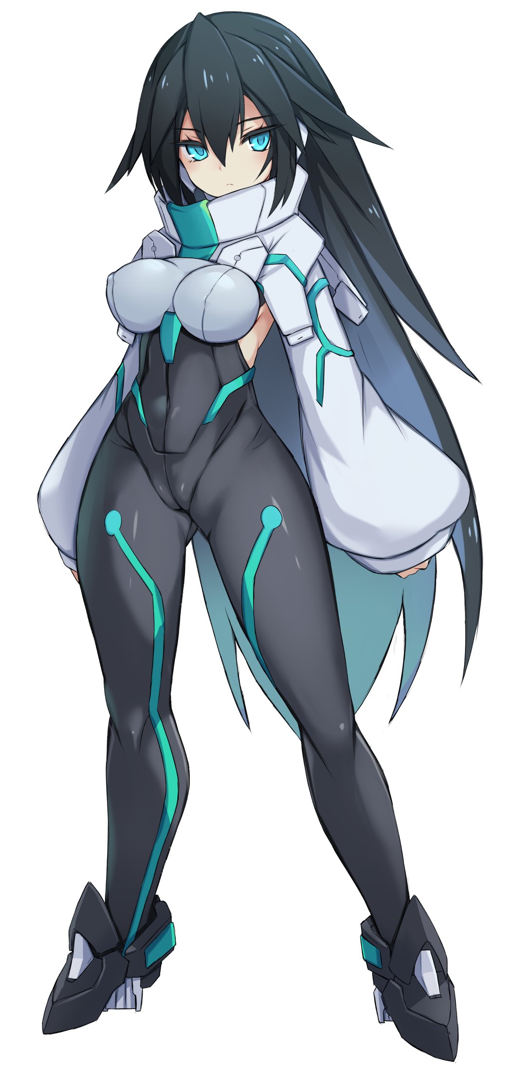 1girl aqua_eyes black_bodysuit black_hair bodysuit breasts covered_navel full_body gundam gundam_build_divers gundam_build_divers_re:rise hair_between_eyes highres impossible_bodysuit impossible_clothes karukan_(monjya) large_breasts long_hair looking_at_viewer may_(gundam_build_divers_re:rise) shrug_(clothing) skin_tight solo very_long_hair white_background