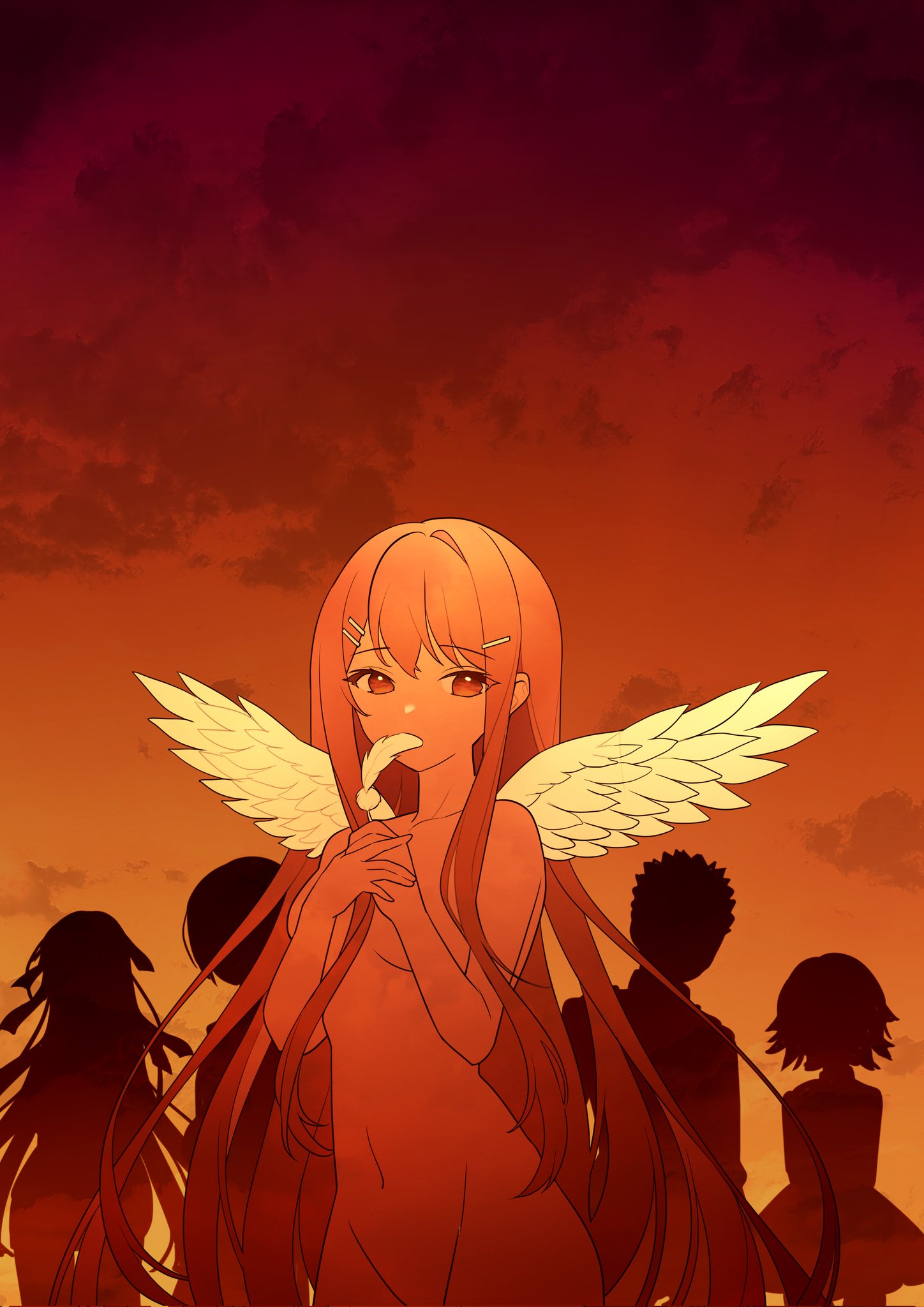 angel angel_wings breasts character_request cloud completely_nude copyright_request crossover danganronpa_(series) dusk feathered_wings feathers hair_ornament hairclip highres holding holding_feather long_hair looking_at_viewer may_(2747513627) medium_breasts nude orange_theme outdoors sayonara_wo_oshiete short_hair skirt sky spiked_hair twilight very_long_hair white_wings wings