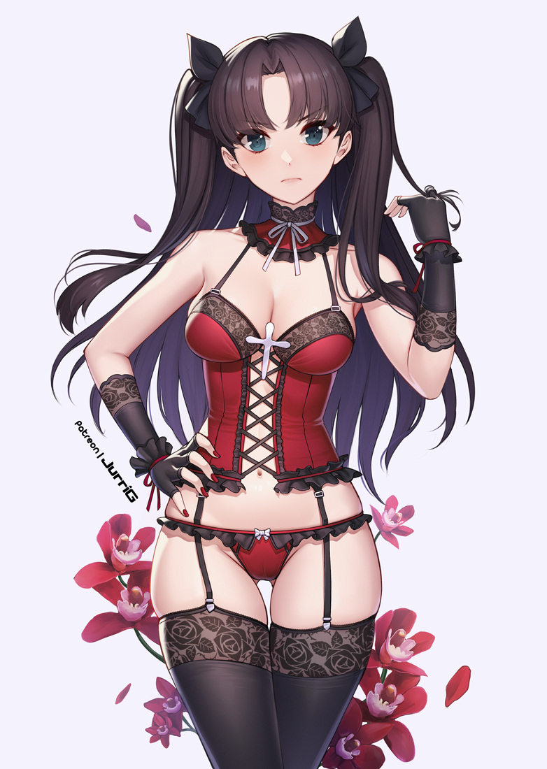 1girl ass_visible_through_thighs black_garter_straps black_gloves black_hair black_thighhighs blue_eyes bow breasts cleavage closed_mouth corset cross detached_collar fate/stay_night fate_(series) fingerless_gloves garter_straps gloves groin hair_bow hand_on_own_hip jurrig light_frown lingerie long_hair medium_breasts navel panties panties_over_garter_belt red_corset red_nails red_panties skindentation solo thighhighs thighs tohsaka_rin two_side_up underwear v-shaped_eyebrows very_long_hair