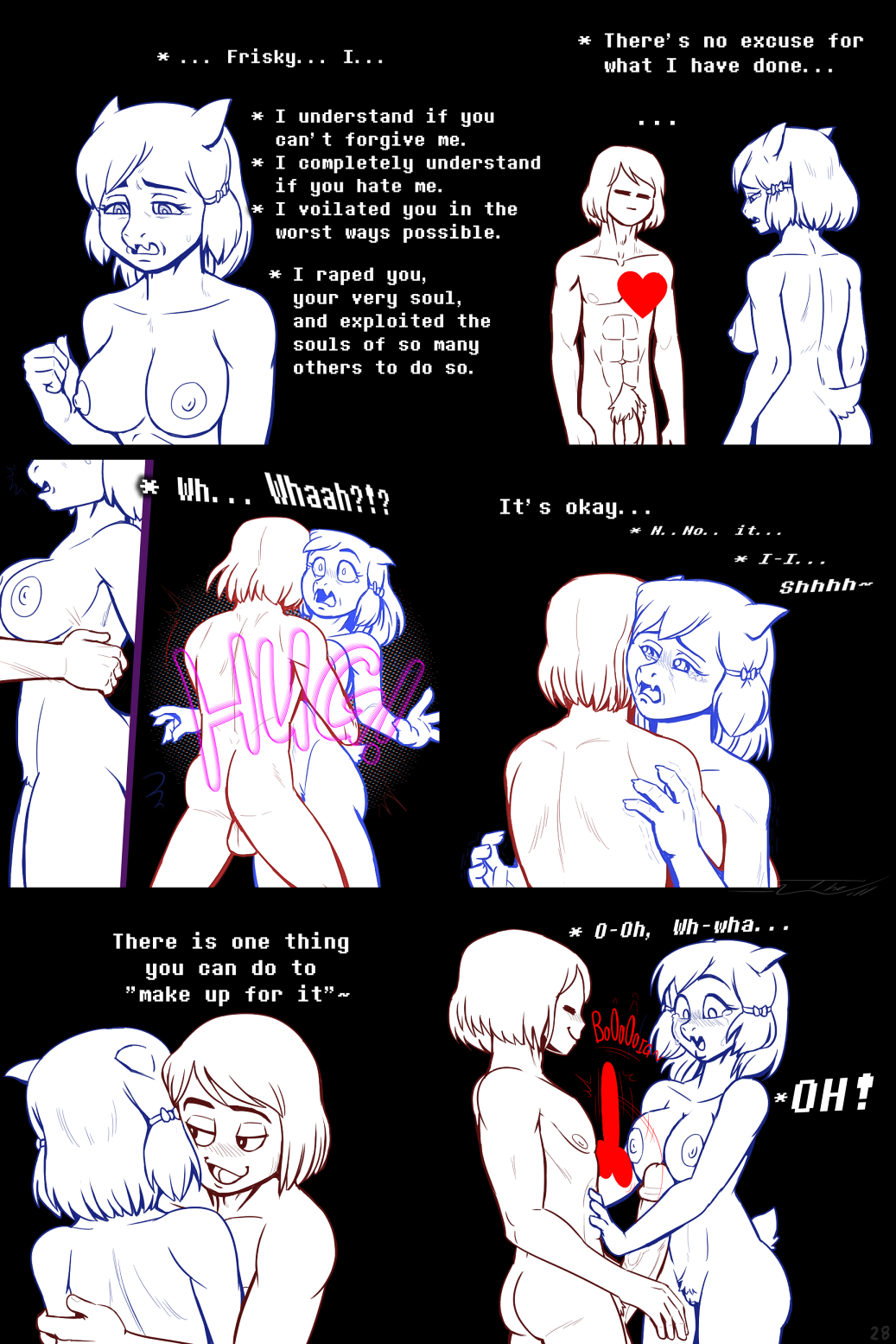 alternate_universe angel_derear anthro asriel_dreemurr big_penis black_background blush bodily_fluids boss_monster bovid bow_ribbon breasts butt caprine clothing comic crossgender crying duo embrace female flaccid footwear footwear_only frisk_(undertale) frisky_(under(her)tail) genitals goat hi_res horn hug human imminent_sex male male/female mammal mostly_nude nude penis penis_between_breasts phallic pubes shoes shoes_only simple_background soul_(undertale) standing tears text thewill under(her)tail undertale undertale_(series) waist_grab whispering wide_eyed