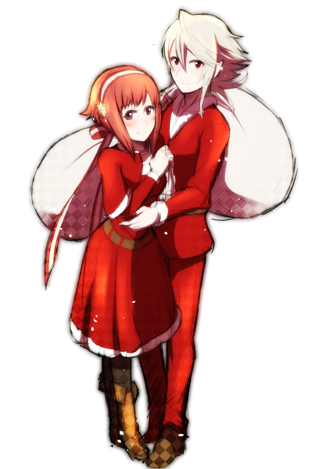 1boy 1girl alternate_costume corrin_(fire_emblem) corrin_(male)_(fire_emblem) couple fire_emblem fire_emblem_fates gift_bag hairband hetero holding holding_sack looking_at_viewer nyorotono sack sakura_(fire_emblem) santa_costume sidelocks white_hair