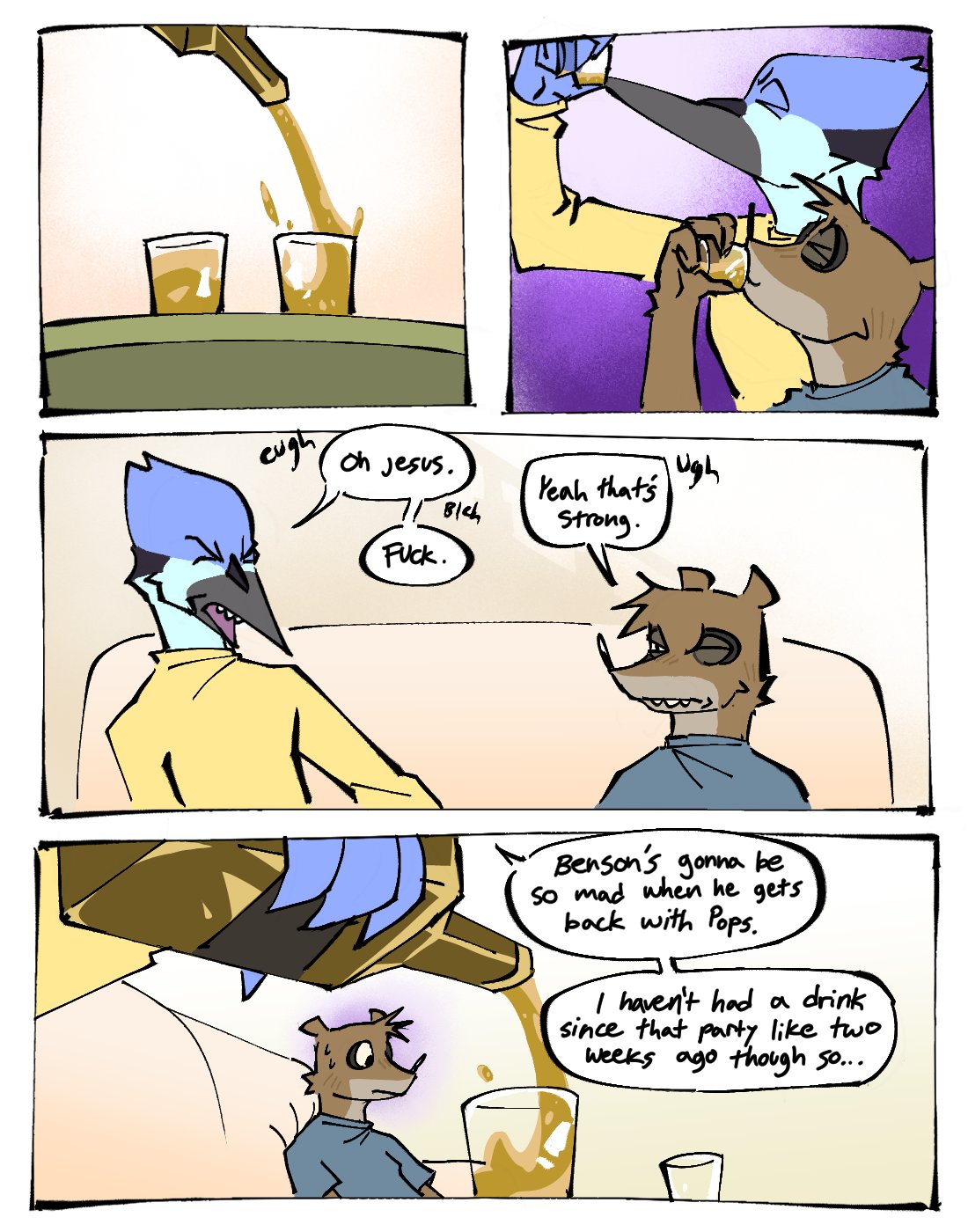 alcohol anthro avian beak beverage bird blue_jay bodily_fluids cartoon_network clothed clothing container corvid cup dialogue disgust drinking drinking_glass duo embarrassed feathers fur glass glass_container glass_cup hi_res jay_(bird) male mammal mordecai_(regular_show) new_world_jay oscine passerine pb-art pouring procyonid profanity raccoon regular_show rigby_(regular_show) shot_glass speech_bubble sweat teeth