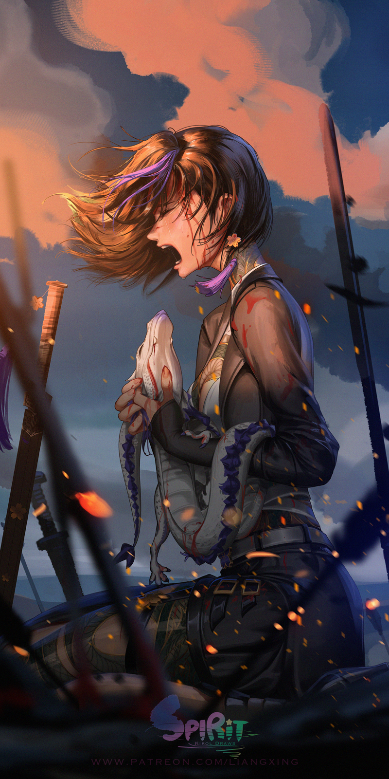 1girl after_battle black_hair black_shorts blood blood_on_clothes blood_on_face blood_on_hands breasts chest_tattoo closed_eyes cloud dragon earrings english_commentary english_text highres holding irezumi jewelry leg_tattoo liang_xing multicolored_hair neck_tattoo on_ground open_mouth original outdoors patreon_username purple_hair scabbard sheath short_hair shorts sitting sleeves_past_wrists small_breasts solo spirit streaked_hair sword tattoo tears wariza weapon web_address yi_(kiko.l)