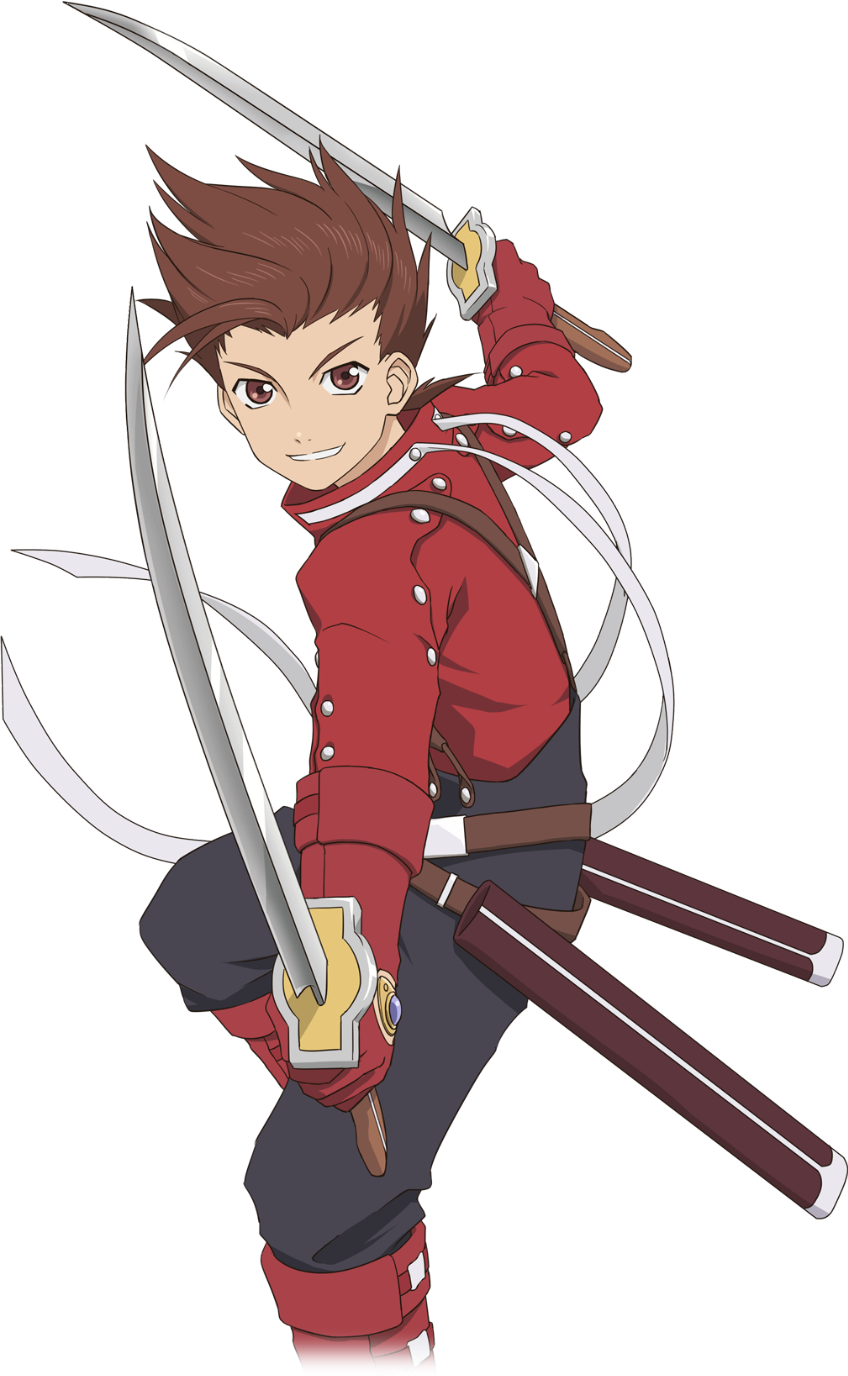 1boy boots brown_eyes brown_hair buttons dual_wielding english_commentary feet_out_of_frame gauntlets gloves highres holding holding_weapon lloyd_irving looking_at_viewer male_focus official_art pants red_footwear red_gloves smile solo spiked_hair sword tales_of_(series) tales_of_asteria tales_of_symphonia transparent_background weapon