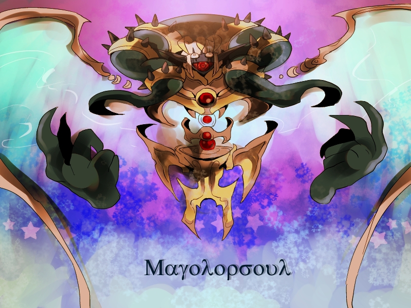1boy armlet blue_background blue_gloves blunt_ends character_name commentary_request crazy_eyes crazy_smile demon_wings disembodied_limb eyeball fingernails gem gloves gold_headwear greek_text humanization kirby_(series) liquid_from_eyes magolor magolor_soul master_crown multicolored_background open_mouth purple_background red_gemstone sharp_fingernails shirushiki short_hair smile spiked_armlet starry_background white_hair wide-eyed wings yellow_eyes