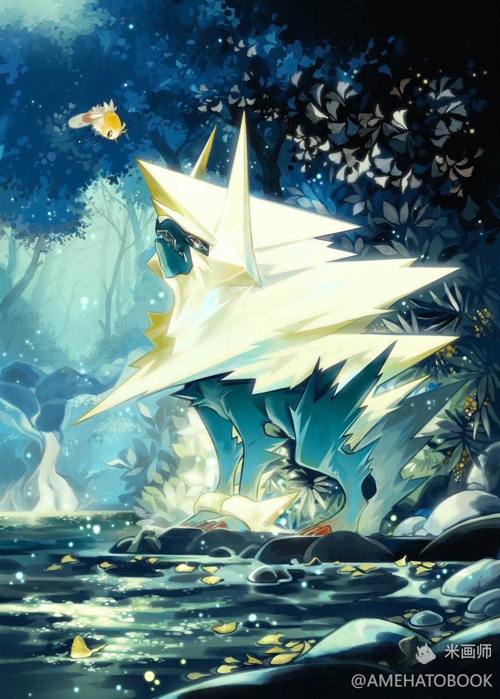 amehatobook claws commentary_request cutiefly eye_contact glowing highres looking_at_another looking_up manectric mega_manectric mega_pokemon no_humans open_mouth pokemon pokemon_(creature) red_eyes river rock standing tree water watermark