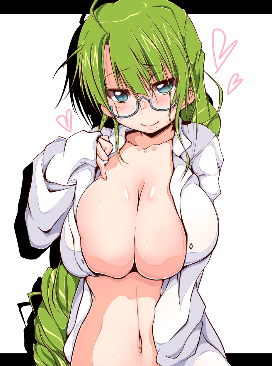 1girl bespectacled blue-framed_eyewear blue_eyes blush braid breasts cleavage closed_mouth glasses green_hair heart highres kanbayashi_chiko kantai_collection large_breasts long_hair long_sleeves looking_at_viewer mole mole_under_mouth naked_shirt navel open_clothes open_shirt semi-rimless_eyewear shirt single_braid sleeves_past_wrists smile solo under-rim_eyewear upper_body very_long_hair white_shirt yuugumo_(kancolle)