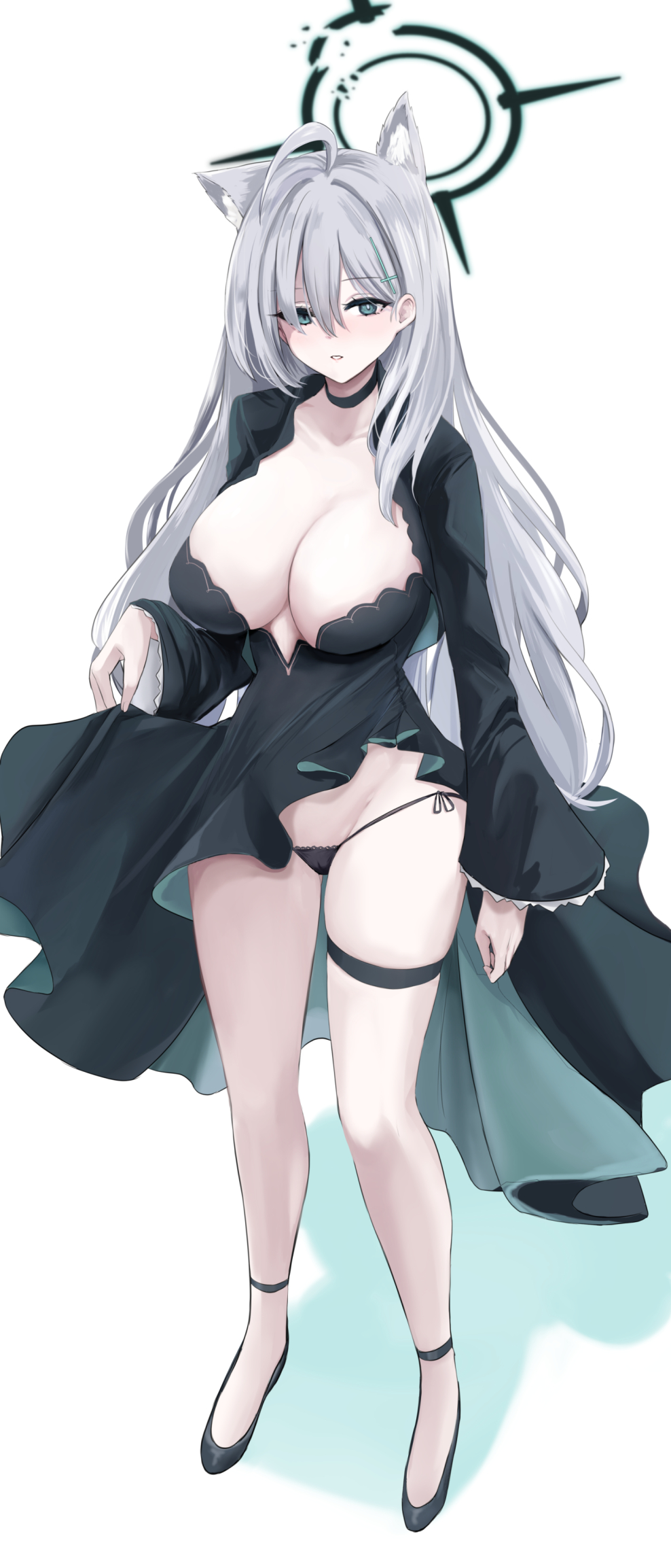 1girl ahoge animal_ear_fluff animal_ears black_dress black_footwear black_panties blue_archive breasts colored_shadow commentary_request dress grey_eyes grey_hair hair_ornament hair_over_one_eye halo hand_up highres large_breasts long_hair long_sleeves looking_at_viewer neneru panties parted_lips shadow shiroko_(blue_archive) shiroko_(terror)_(blue_archive) shoes side-tie_panties simple_background sleeves_past_wrists solo underwear very_long_hair white_background wide_sleeves