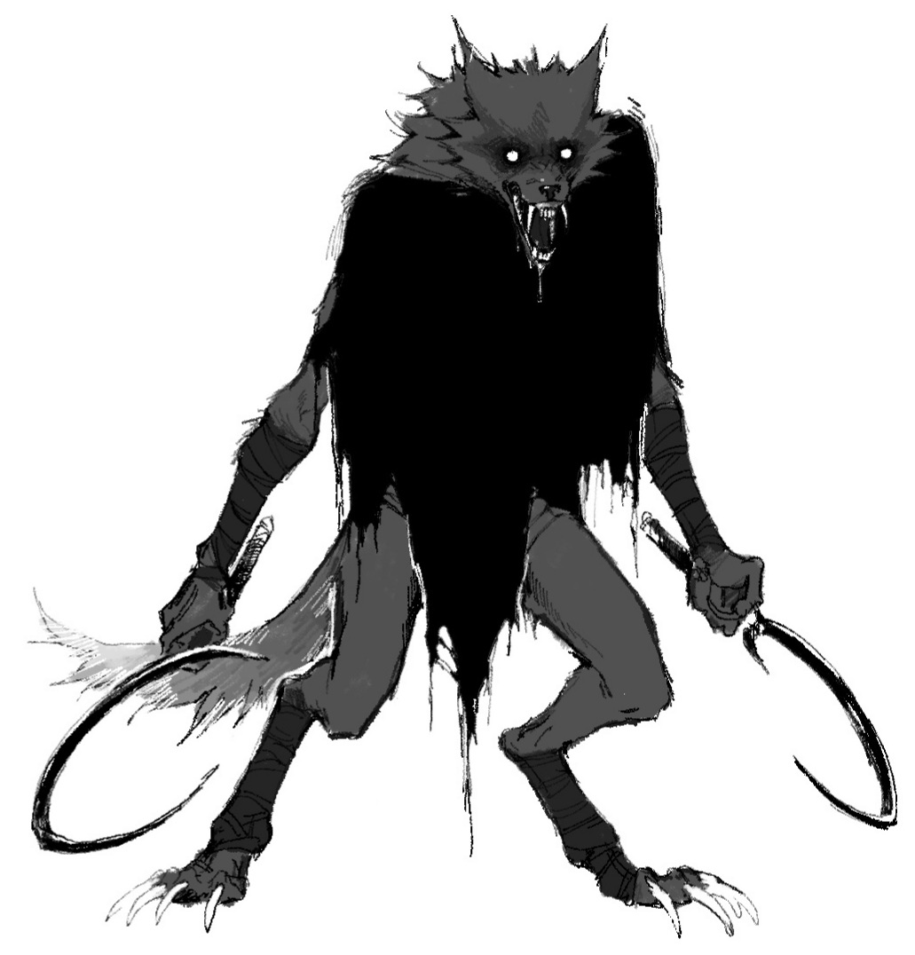 2023 anthro biped black_cloak black_nose canid canine canis claws cloak clothed clothing death_(puss_in_boots) frank-79 front_view grey_body hand_wraps holding_melee_weapon holding_object holding_sickle leg_wraps male mammal melee_weapon neck_tuft open_mouth simple_background sketch solo standing teeth toe_claws tongue tuft weapon white_background white_eyes wolf wraps