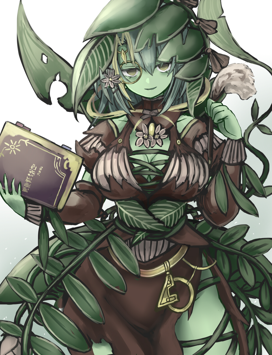 alraune aoiyamagi4 book breasts cleavage closed_mouth colored_skin cropped_legs detached_sleeves dress feathers gradient_background green_eyes green_hair green_skin highres holding holding_book holding_quill large_breasts leaf looking_at_viewer monocle monster_girl no_pupils original plant plant_girl quill smile vines