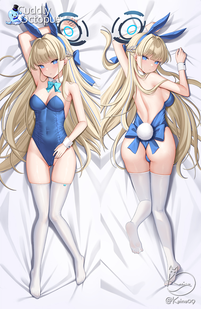 1girl animal_ears aqua_bow aqua_bowtie arm_behind_head arm_up armpits artist_name ass backless_leotard bare_shoulders blonde_hair blue_archive blue_eyes blue_hair blue_leotard bow bowtie braid breasts cameltoe cleavage commentary covered_navel cuddly_octopus dakimakura_(medium) detached_collar fake_animal_ears fake_tail full_body hair_bow halo highres keine09 leotard long_hair looking_at_viewer looking_back lying medium_breasts multicolored_hair multiple_views on_back on_stomach playboy_bunny rabbit_ears rabbit_tail signature soles strapless strapless_leotard streaked_hair tail thighhighs toki_(blue_archive) toki_(bunny)_(blue_archive) white_thighhighs white_wrist_cuffs wrist_cuffs