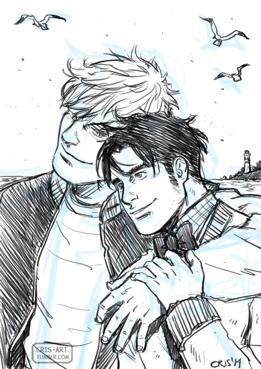 2boys bad_id bad_tumblr_id bara bird black_hair blonde_hair bow bowtie couple cris_art greyscale head_on_head head_rest heads_together holding_another's_arm hulkling jacket long_sideburns male_focus marvel monochrome multiple_boys open_clothes open_jacket pectorals short_hair sideburns sketch sky smile thick_eyebrows toned toned_male traditional_bowtie upper_body wiccan yaoi