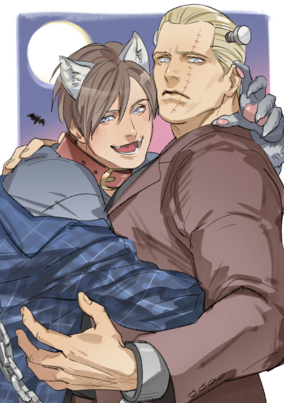 bat_(animal) blonde_hair blue_eyes blue_shirt brown_hair chain closed_mouth frankenstein highres hug jack_krauser jewelry large_pectorals leon_s._kennedy muscular non-web_source open_mouth pectorals resident_evil scar shirt smile suit tatsumi_(psmhbpiuczn) werewolf