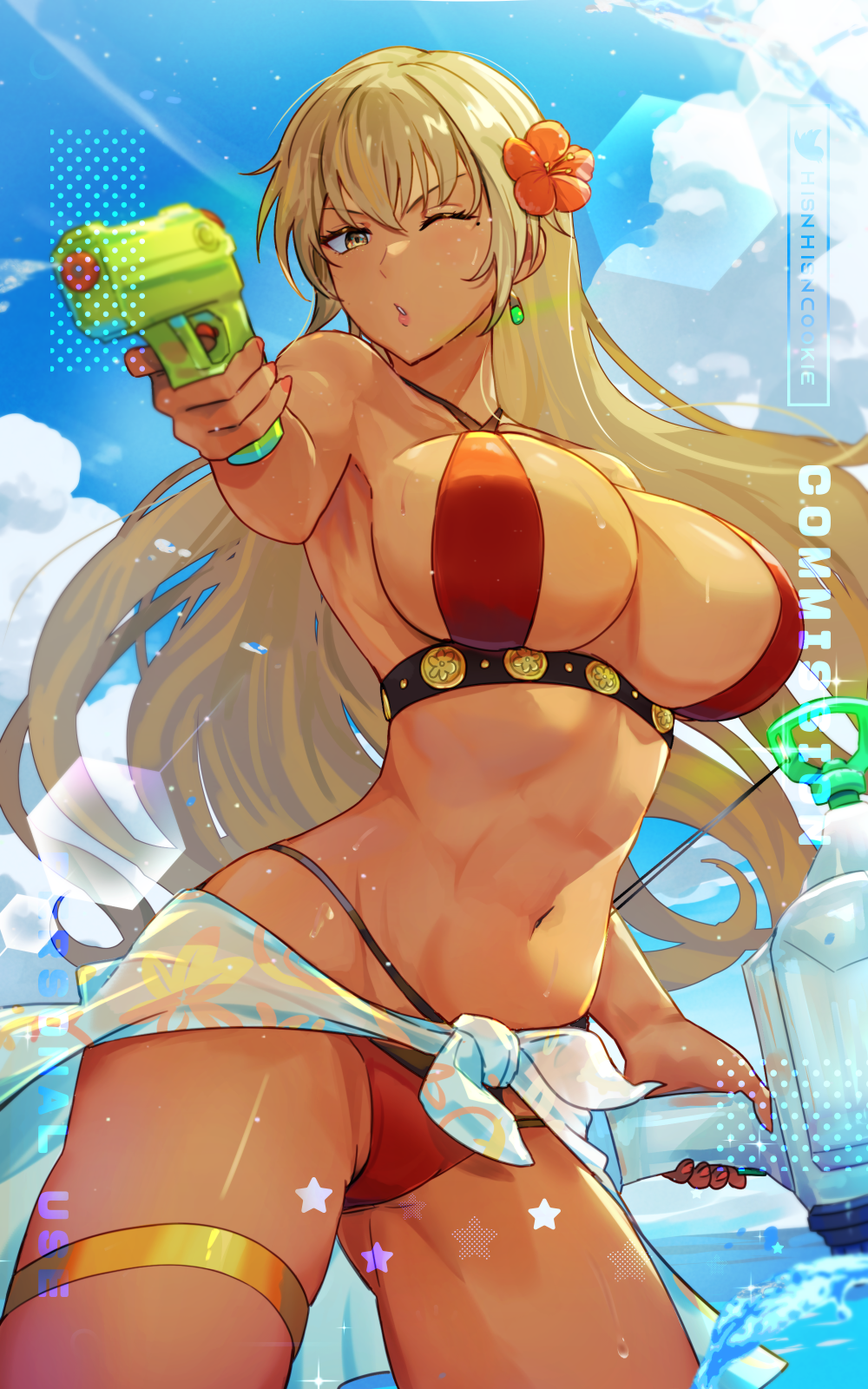 1girl alternate_costume anachronism ass_visible_through_thighs bare_shoulders bikini blonde_hair breasts brown_eyes cleavage collarbone commission dark-skinned_female dark_skin earrings fire_emblem fire_emblem:_the_binding_blade highres hsin igrene_(fire_emblem) jewelry large_breasts long_hair looking_at_viewer navel ocean one_eye_closed outdoors pixiv_commission red_bikini sideboob solo swimsuit thighs wading water_gun