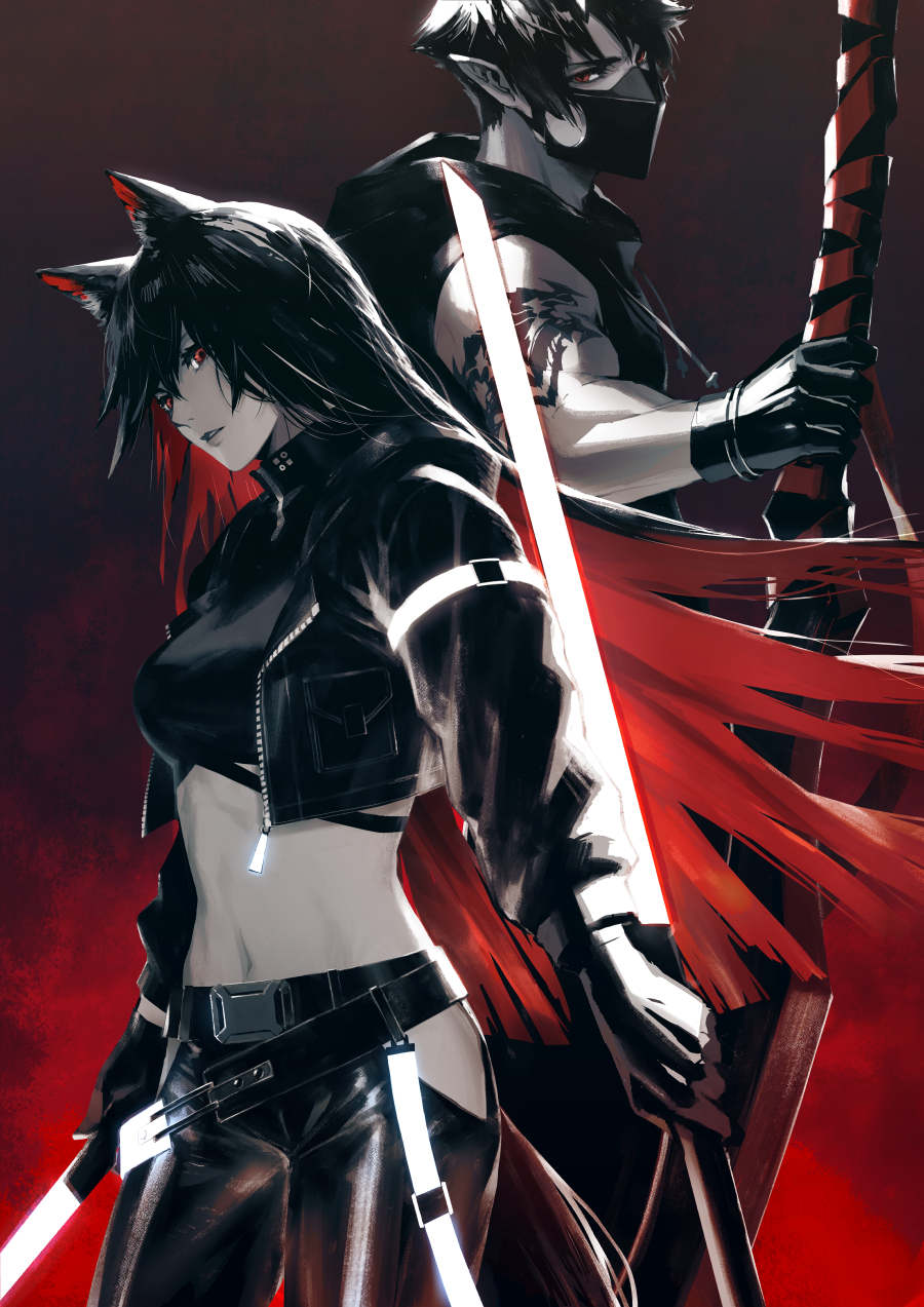 1boy 1girl ambience_synesthesia animal_ear_fluff animal_ears arknights arm_strap arm_tattoo bandana bare_arms belt belt_buckle breasts buckle chinese_commentary commentary_request cowboy_shot crop_top dual_wielding expressionless eyelashes flamebringer_(arknights) floating_hair from_side gloves glowing glowing_sword glowing_weapon greyscale greyscale_with_colored_background hair_between_eyes hand_up highres hip_vent holding holding_sword holding_weapon hood hood_down hooded_jacket hoodie huge_weapon jacket lips long_hair long_sleeves looking_at_viewer mask medium_breasts midriff monochrome mouth_mask multicolored_hair muscular muscular_male navel official_alternate_costume open_clothes open_jacket pants parted_lips red_background red_eyes red_hair red_theme serious short_hair sleeveless sleeveless_hoodie spot_color standing stomach straight_hair sword tail tattoo teeth texas_(arknights) two-tone_background two-tone_hair very_long_hair weapon wolf_ears wolf_girl wolf_tail yoshi_(j_contrast) zipper zipper_pull_tab