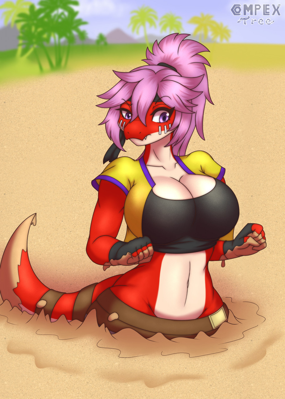 anthro big_breasts breasts cleavage clothed clothing complextree damsel_in_distress dinosaur dromaeosaurid female hi_res midriff mud peril quicksand rayce_(kmn) reptile scalie sinking solo tail theropod trapped wide_hips