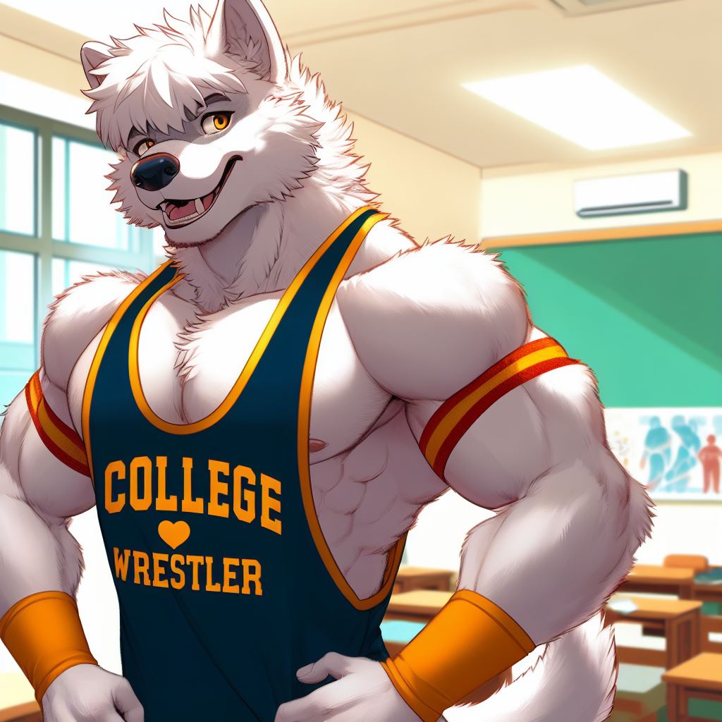 anthro canid canine canis clothing college hds4216 male male_focus mammal muscular school shirt solo tank_top topwear wolf wrestler