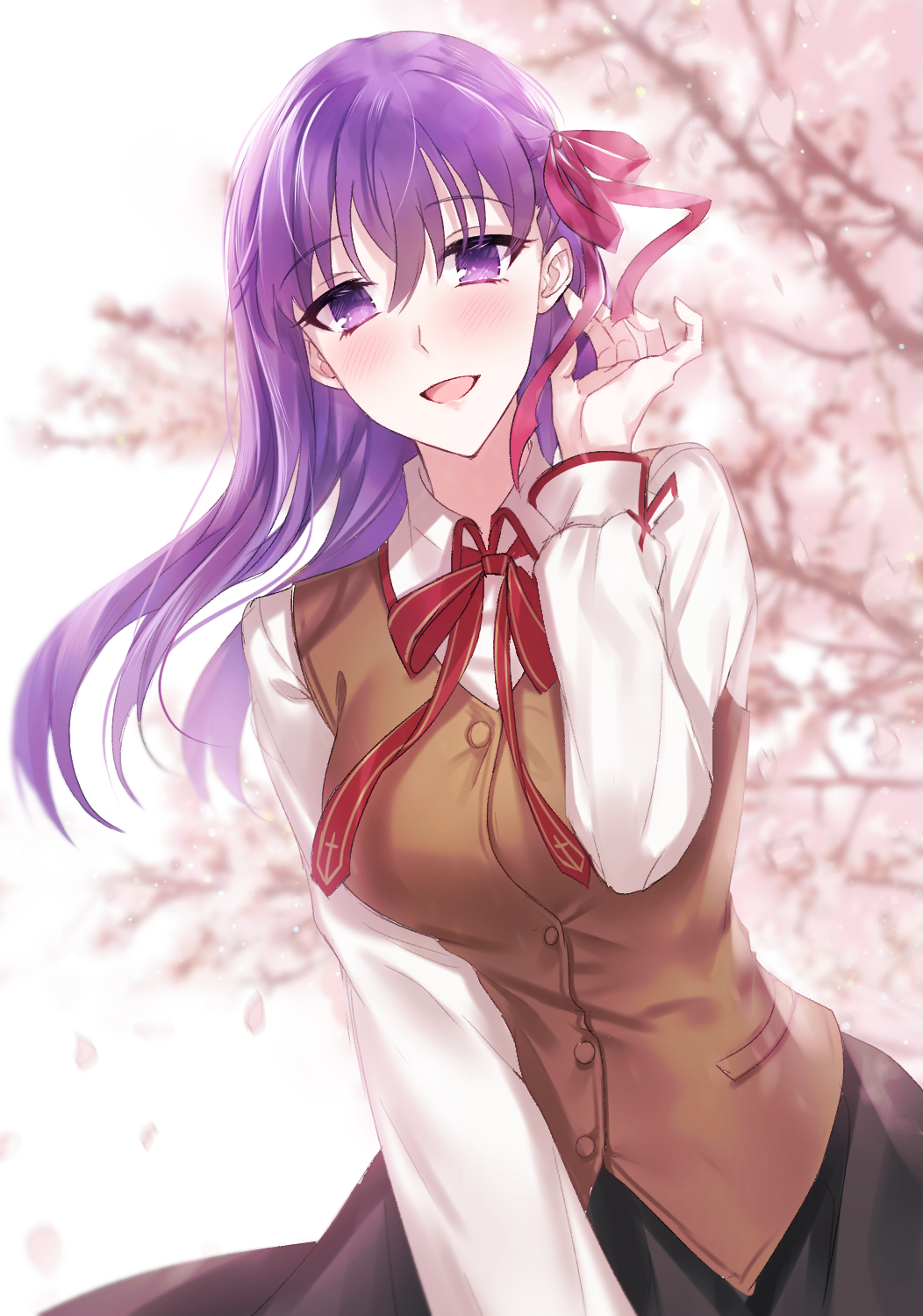 1girl black_skirt blush breasts buttons fate/stay_night fate_(series) hair_ribbon hand_up heaven's_feel highres homurahara_academy_school_uniform large_breasts long_hair long_sleeves looking_at_viewer matou_sakura muneomon_(takomon) open_mouth petals purple_eyes purple_hair red_ribbon ribbon school_uniform shirt skirt smile solo tree upper_body white_shirt