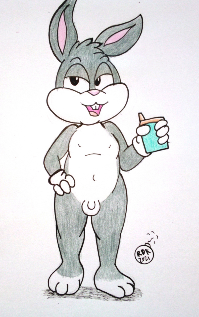 anthro baby_looney_tunes balls biped buckteeth bugs_bunny container cup genitals hi_res lagomorph leporid looney_tunes male mammal nude penis pink_nose rabbit reddragonkan solo teeth traditional_media_(artwork) warner_brothers