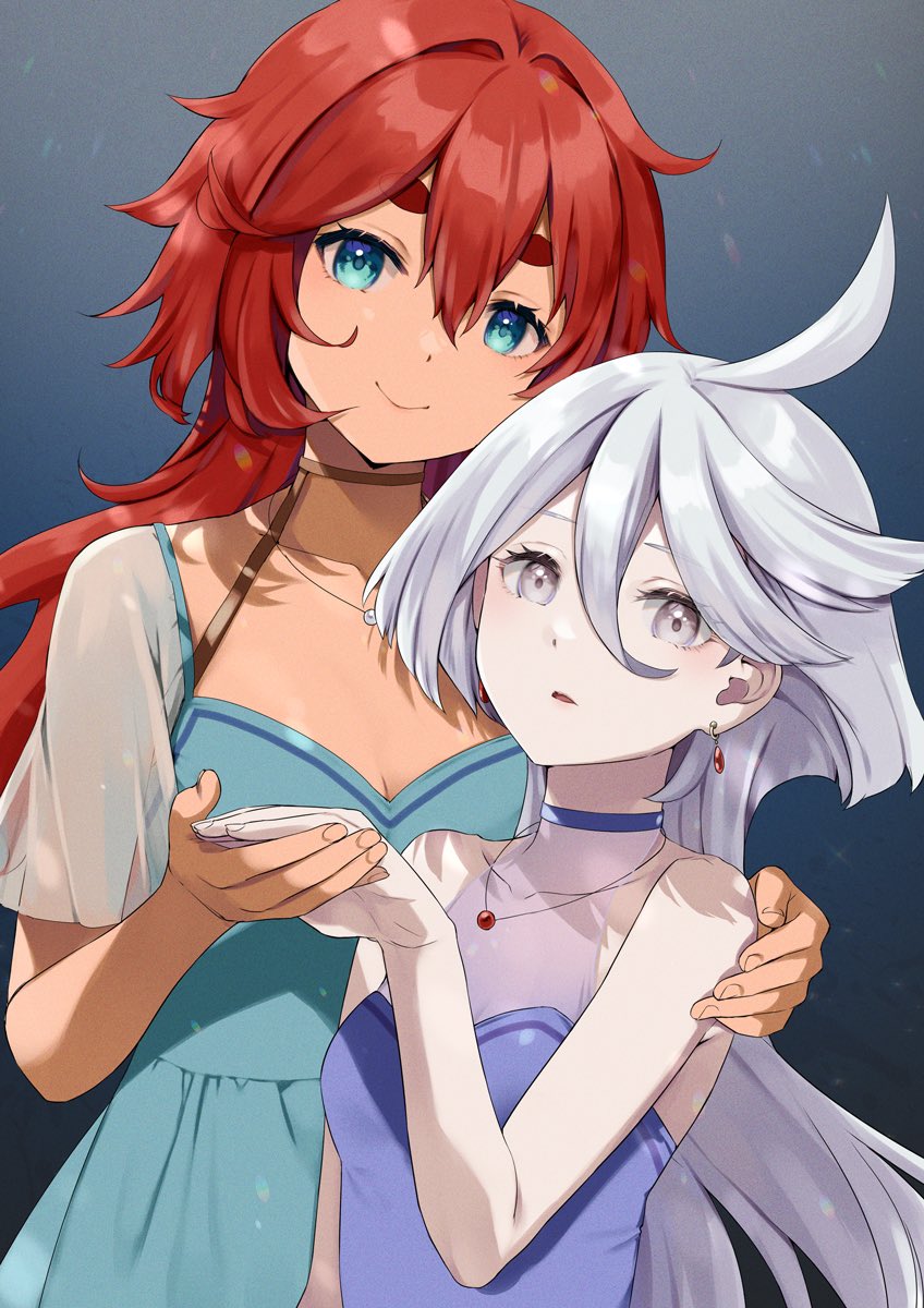 2girls bare_arms bare_shoulders blue_dress blue_eyes breasts cleavage closed_mouth commentary_request dress earrings eyebrows_hidden_by_hair grey_eyes grey_hair gundam gundam_suisei_no_majo hair_between_eyes hand_grab hand_on_another's_shoulder highres jewelry long_hair looking_at_viewer miorine_rembran multiple_girls natsume_eri parted_lips red_hair see-through see-through_sleeves short_eyebrows short_sleeves sleeveless sleeveless_dress small_breasts smile suletta_mercury thick_eyebrows very_long_hair