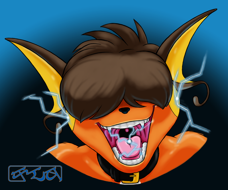 2012 anthro busbar electricity electricity_manipulation elemental_manipulation fur generation_1_pokemon hair hair_over_eyes headshot_portrait jewelry kencougr male nintendo open_mouth orange_body orange_fur piercing pokemon pokemon_(species) portrait raichu simple_background smile teeth tongue tongue_piercing tongue_stud