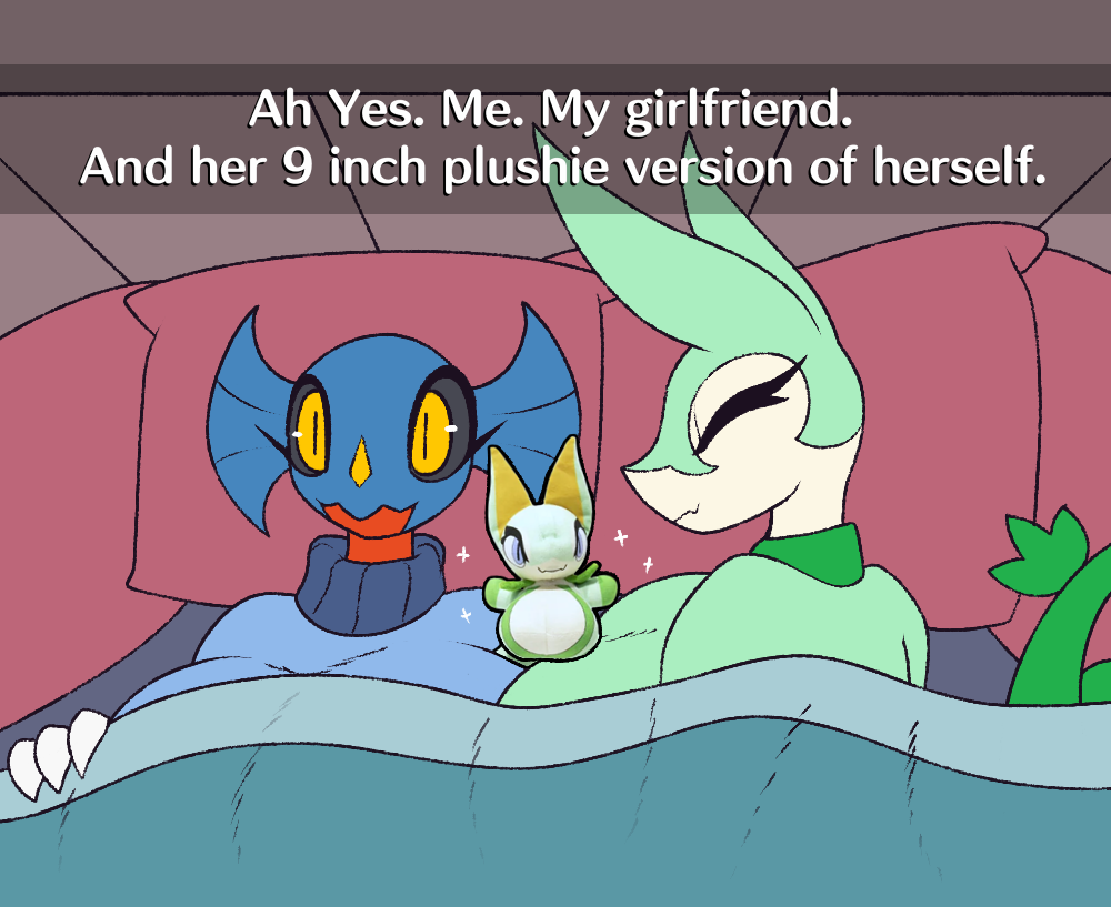 anthro bed bedding big_breasts blanket breasts clothed clothing duo english_text female fish furniture garchomp generation_4_pokemon generation_5_pokemon ginger_(r-mk) huge_breasts humor june_greenfield lying marine nintendo pajamas pillow plushie pokemon pokemon_(species) r-mk reptile scalie serperior shark snake sweater text topwear