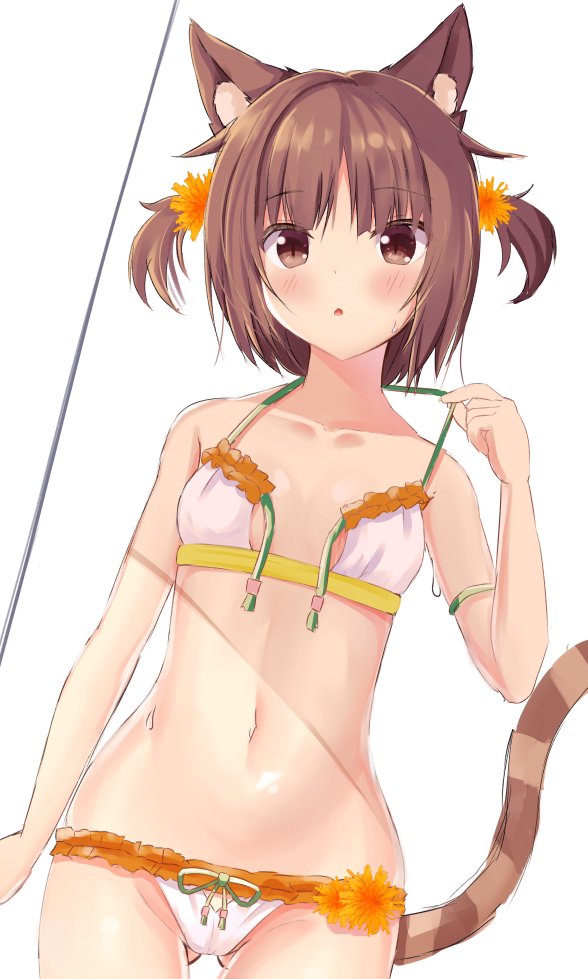 1girl animal_ears ass_visible_through_thighs azuki_(nekopara) bare_arms bare_shoulders bikini blush breasts brown_eyes brown_hair cat_ears cat_girl cat_tail collarbone commentary cowboy_shot front-tie_bikini_top front-tie_top hair_flaps looking_at_viewer navel nekopara open_mouth parted_bangs short_hair simple_background sketch small_breasts solo stomach strap_pull striped_tail swimsuit tail two_side_up untied_bikini_top white_background white_bikini yuzuki_yuki_(another_yuki)