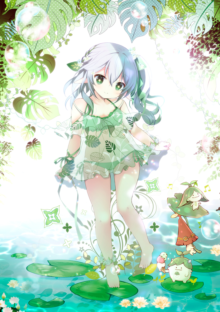 +_+ 1girl bare_shoulders bikini braid bubble closed_mouth commentary_request genshin_impact gradient_hair green_bikini green_eyes green_hair grey_hair hair_between_eyes leaf leaf_print lily_pad looking_at_viewer multicolored_hair nahida_(genshin_impact) see-through shirogane_hina short_sleeves side_ponytail smile standing standing_on_one_leg swimsuit water