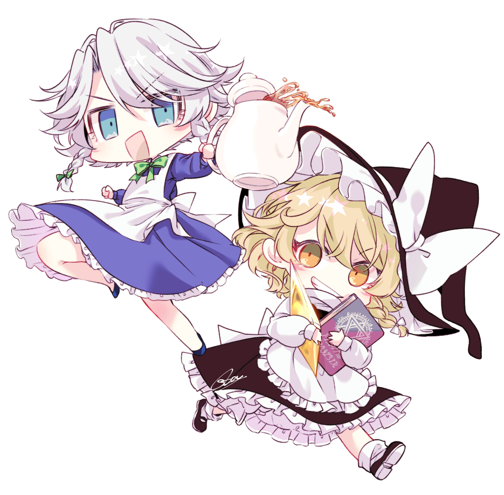 2girls apron black_footwear black_headwear black_vest blonde_hair blue_eyes blue_shirt book bow braid chibi crystal full_body green_bow grey_hair grimoire grin hair_bow hat hat_bow holding izayoi_sakuya kirisame_marisa long_hair long_sleeves looking_at_viewer magic_circle multiple_girls running shirt shoes signature simple_background smile socks souta_(karasu_no_ouchi) spilling star_(symbol) tea teapot touhou twin_braids v-shaped_eyebrows vest waist_apron white_background white_bow white_shirt witch_hat yellow_eyes