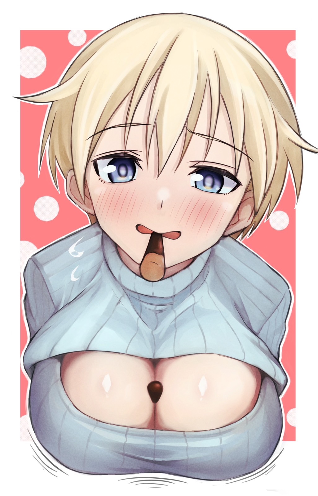 1girl blonde_hair blue_eyes blue_sweater blush bouncing_breasts brave_witches breasts cleavage food highres large_breasts looking_at_viewer nikka_edvardine_katajainen open_mouth pocky pocky_day short_hair solo sweater tama_kitsune world_witches_series