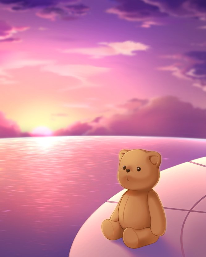 blurry blurry_background cloud commentary no_humans ocean otou_(otou_san) outdoors purple_sky sky spoilers stuffed_animal stuffed_toy summer_pockets sunset teddy_bear