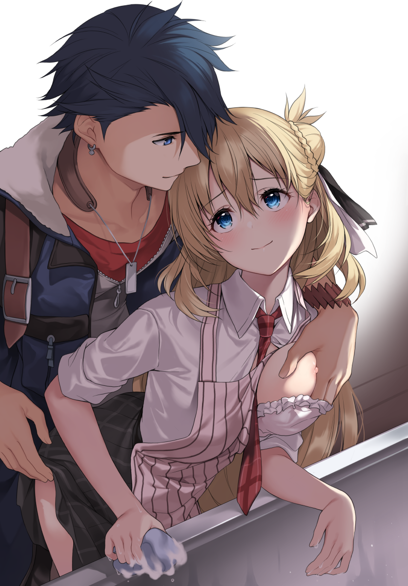 1boy 1girl agnes_claudel apron belt black_ribbon black_skirt blonde_hair blue_eyes blue_hair blue_jacket blush bra braid braided_bun collarbone collared_shirt couple dog_tags dress_shirt earrings eiyuu_densetsu folded_ponytail frilled_bra frills grabbing grabbing_another's_breast hair_bun hair_ribbon hakuleg hand_in_bra hetero highres holding_rag jacket jewelry kuro_no_kiseki lifted_by_another light_smile long_hair looking_at_another necktie nipples one_breast_out partially_unbuttoned plaid plaid_necktie plaid_skirt profile rag red_necktie red_shirt ribbon shirt skirt sleeves_rolled_up smile striped striped_apron underwear van_arkride vertical-striped_apron vertical_stripes very_long_hair white_apron white_bra white_ribbon white_shirt