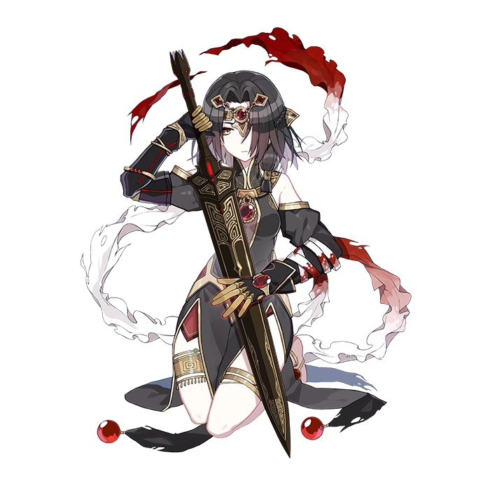 1girl anklet barefoot_sandals black_hair blood blood_on_clothes dark_jixuanyuan full_body hair_ornament holding holding_sword holding_weapon honkai_(series) honkai_impact_3rd jewelry jixuanyuan official_art sitting sword thighlet third-party_source wariza weapon yellow_eyes