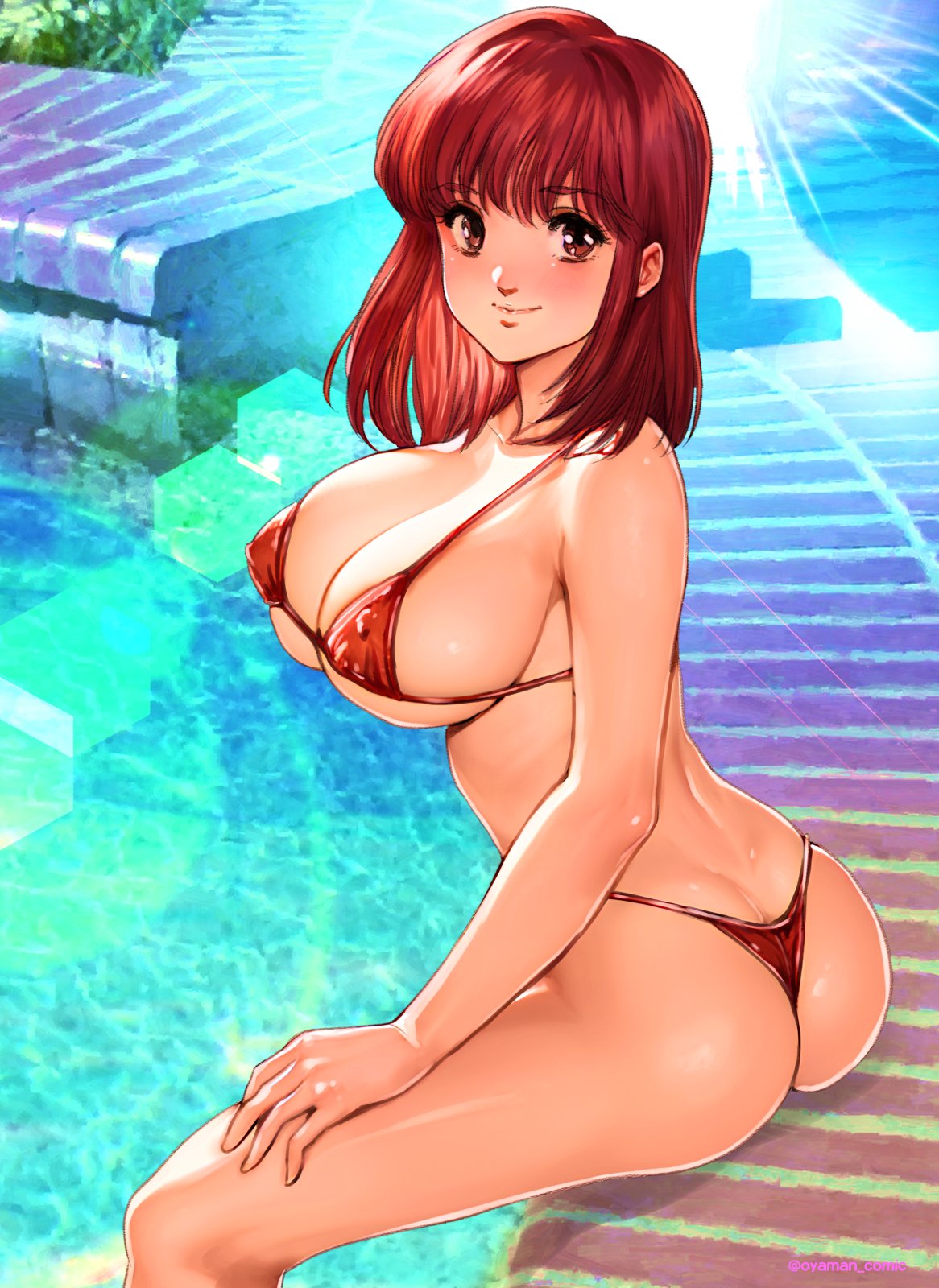 1girl bikini blush breasts brown_eyes highres large_breasts looking_at_viewer oyaman pool red_bikini red_hair short_hair solo solo_focus swimsuit takaya_noriko top_wo_nerae!